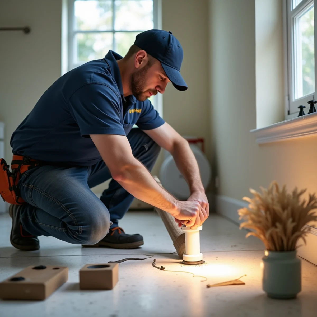 Plumber inspecting cracked PVC drain coupling under second-floor bathroom subfloor