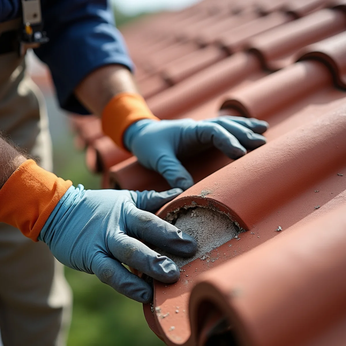 Technician checking loose mortar and adhesive under ridge caps