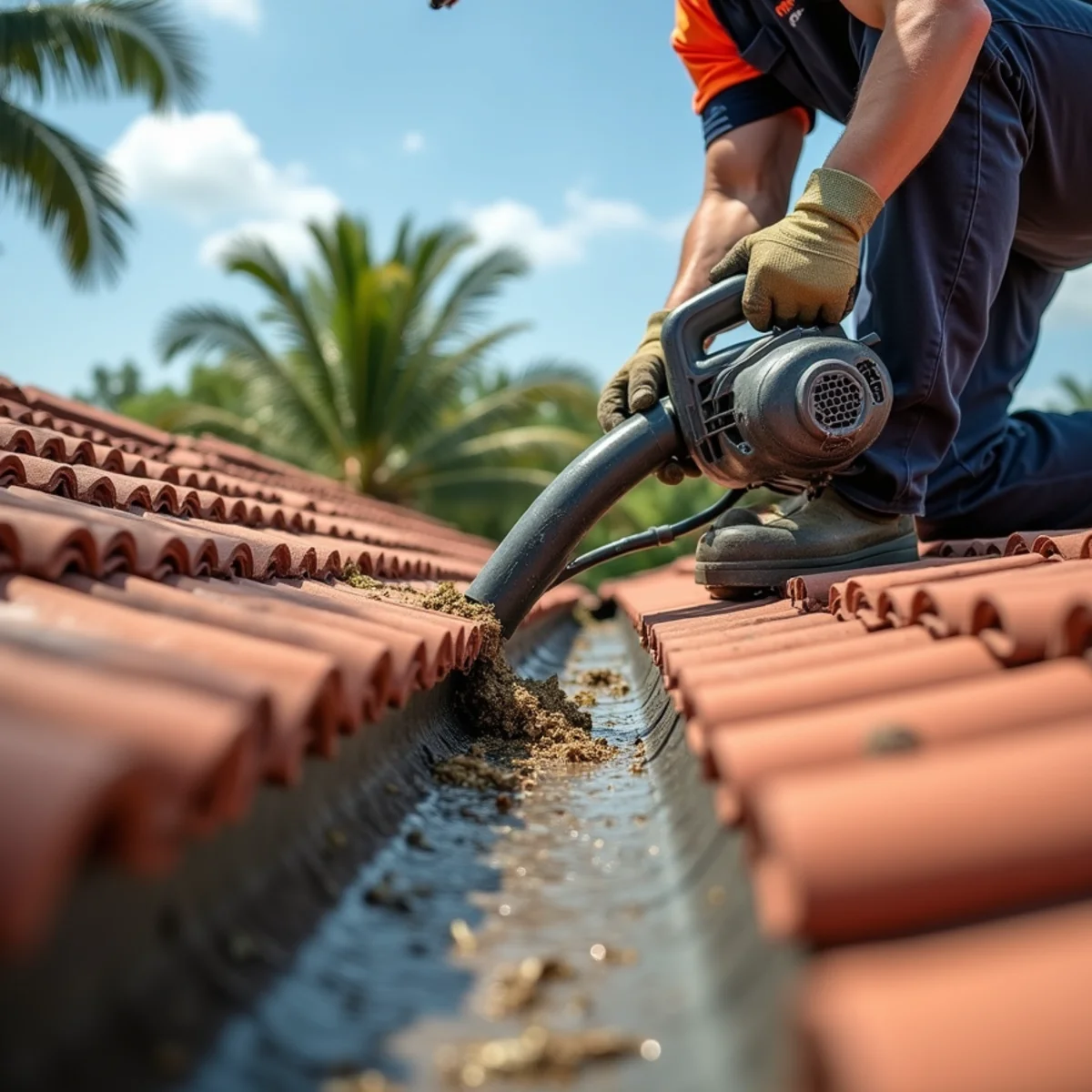 High-pressure leaf blower and gloved hands clearing leaves from tile valley