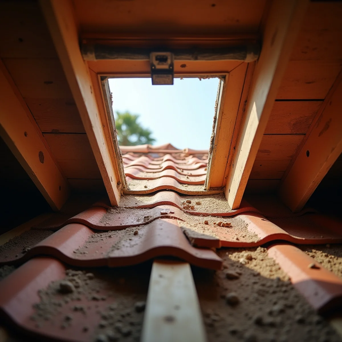 Flashlight beam illuminating underside of plywood roof sheathing showing water tracks
