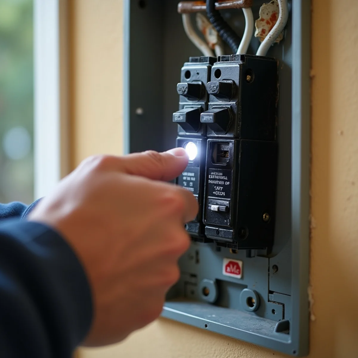 Homeowner shutting off main electrical circuit breaker near leaking ceiling