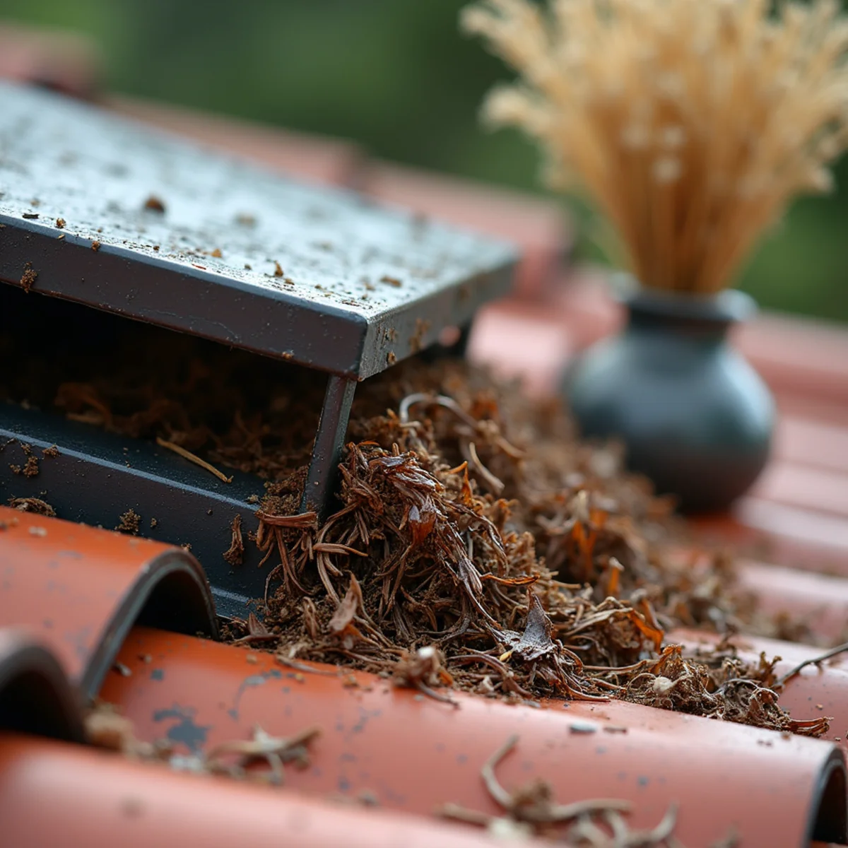 Accumulation of pine needles and palm debris damming water behind skylight cricket